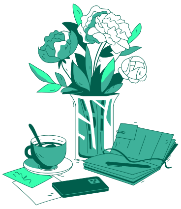 Flowers, coffee, smartphone and notebook PNG, SVG