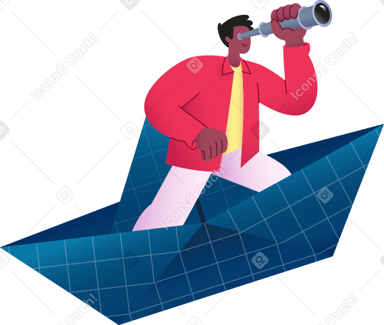 Человек с подзорной трубой в бумажном кораблике в PNG, SVG