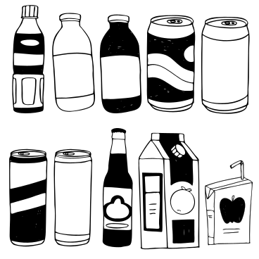 Bottles, cans and boxes of different drinks PNG, SVG