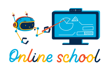컴퓨터의 차트를 가리키는 로봇 아래 온라인 학교 글자 PNG, SVG