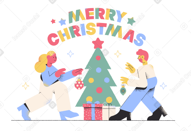 Lettering Merry Christmas with people decorating the Christmas tree PNG, SVG