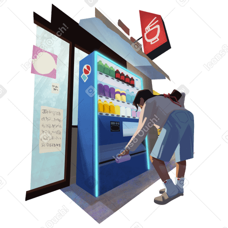 Женщина покупает напиток в торговом автомате в PNG, SVG