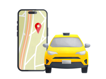 Gelbes taxiauto und telefon mit karte PNG, SVG