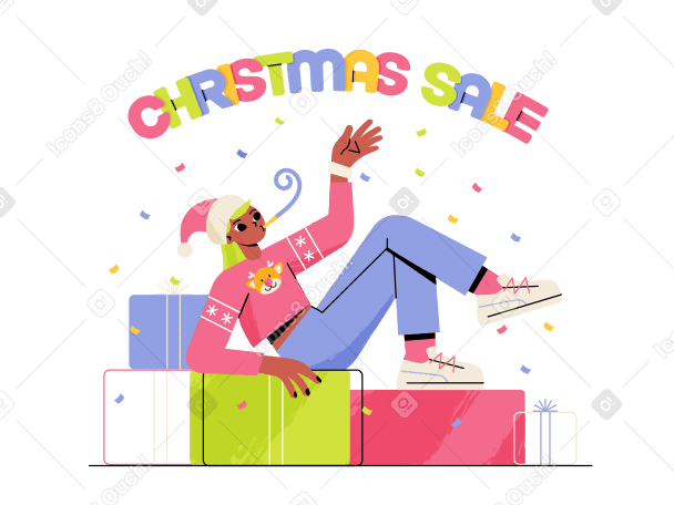 Lettering Christmas Sale with girl who sits on gift boxes Illustration in PNG, SVG