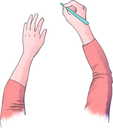 ピンクの袖をはめ、手に鉛筆を持っている PNG、SVG