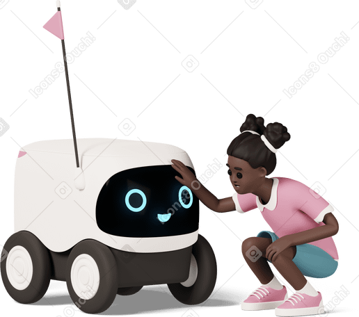 3D girl patting delivery robot Illustration in PNG, SVG