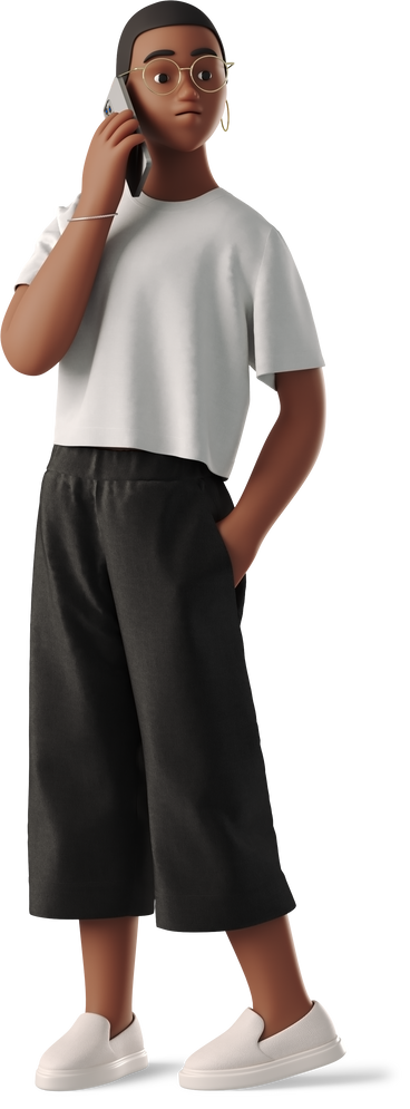 young woman staying and talking on phone with hand in pocket PNG, SVG