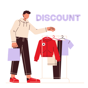 Lettering Discount with man who buys clothes on sale text PNG, SVG