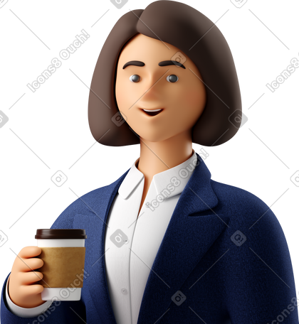 3D close up of businesswoman in blue suit with paper coffee cup PNG, SVG