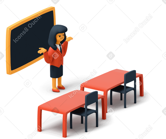 3D Teacher in empty classroom throwing her hands up Illustration in PNG, SVG