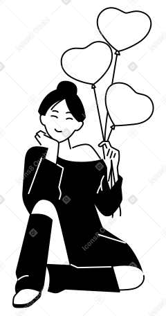 Mujer joven sosteniendo globos en forma de corazón. PNG, SVG
