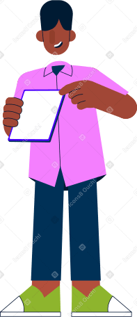 Мужчина указывает пальцем на планшет в руках в PNG, SVG
