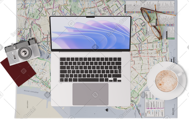 Top view of map, laptop, passport, camera, cup of coffee PNG, SVG