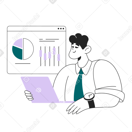 Man studying analytics on laptop Illustration in PNG, SVG