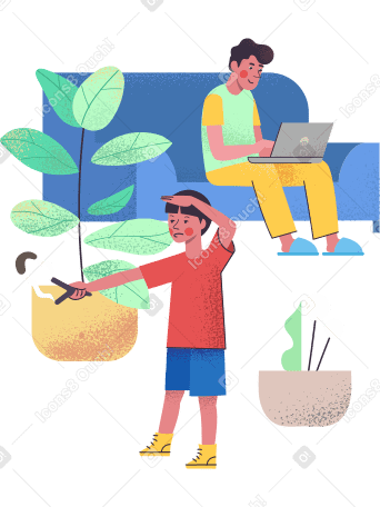 Isolation: son entertain himself while father working remotely Illustration in PNG, SVG