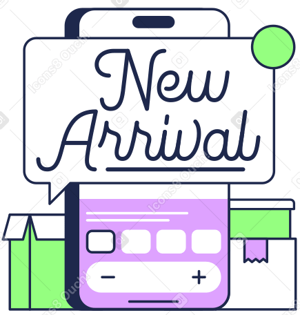 쇼핑 상자와 전화 문자로 new arrival 레터링 PNG, SVG