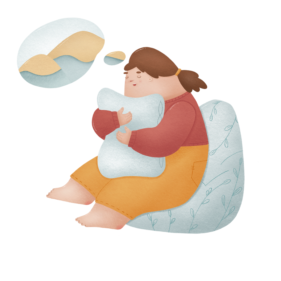 Woman sits hugging a pillow and thinking about improving her health Illustration in PNG, SVG