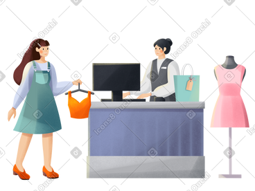 年轻女子在服装店与收银员买衣服 PNG, SVG