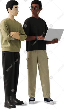 3D two men working with a laptop PNG, SVG