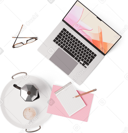 3D top view of laptop, glasses, notebooks, moka pot, and cup on tray PNG, SVG