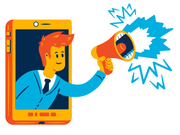 Mann mit megaphon wirbt von einem telefon aus PNG, SVG