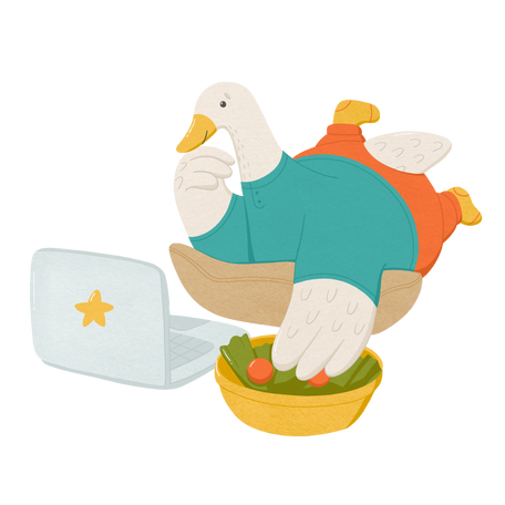 goose is lying on a pillow looking at a computer and eating snacks Illustration in PNG, SVG