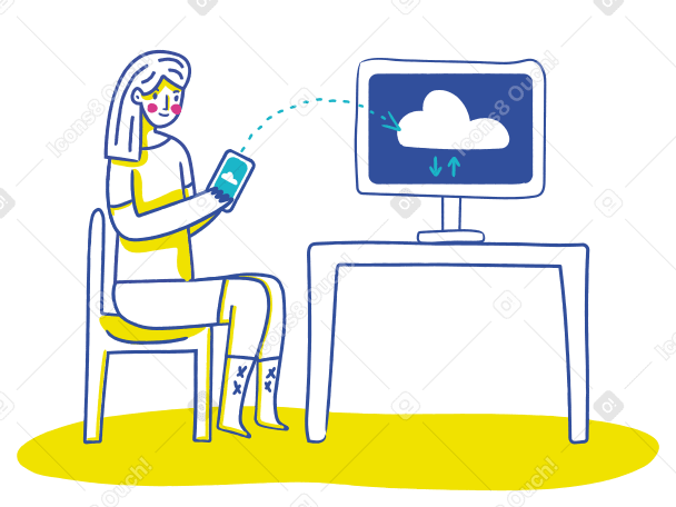 Woman uploading files from phone to cloud PNG, SVG