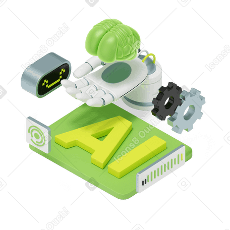 Illustration animée 3D lettering artificial intelligence with robot and hand holding the brain text aux formats GIF, Lottie (JSON) et AE