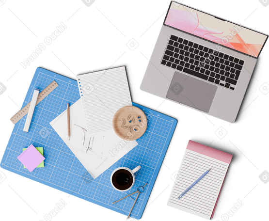 3D top view of desk with sketch, notes, and papers PNG, SVG