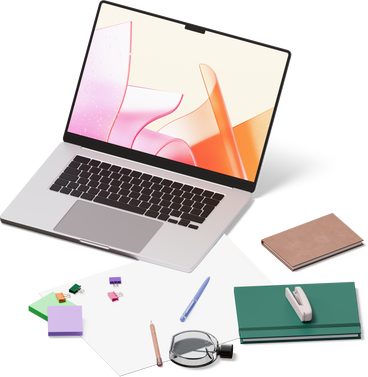 Isometric view of laptop, notebooks, perfume and sticky notes PNG, SVG