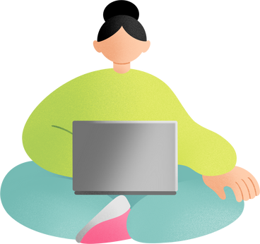 young woman sitting and working on laptop PNG, SVG
