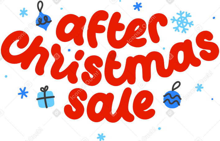 lettering after christmas sale with toys and snowflakes Illustration in PNG, SVG