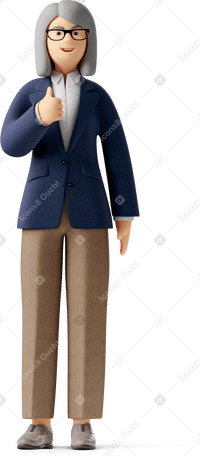 3D old woman in dark blue blazer showing thumbs up Illustration in PNG, SVG