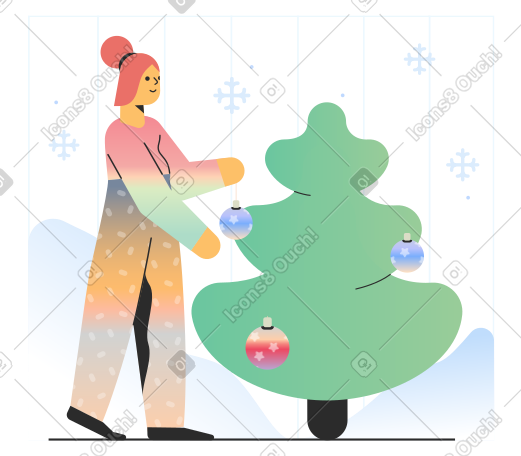 Woman decorates Christmas tree PNG, SVG