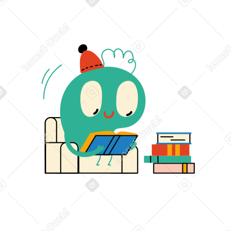 Monster in hat reading a book PNG, SVG