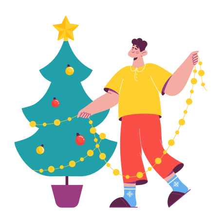 Man ecarating Christmas tree Illustration in PNG, SVG