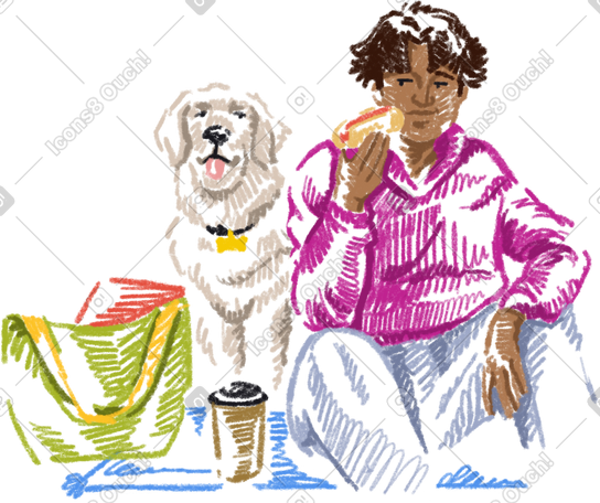 young man and his dog are having a picnic in the park PNG, SVG