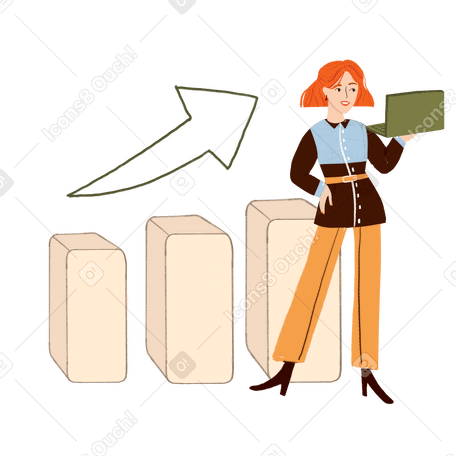 Ginger woman with laptop standing near rising graph PNG, SVG