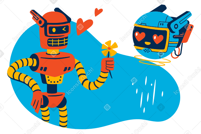 Влюбленный робот дарит цветок другому роботу в PNG, SVG