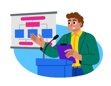 Man giving a presentation with flowchart animated illustration in GIF, Lottie (JSON), AE