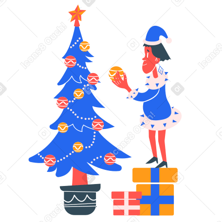 Boy decorates Christmas tree Illustration in PNG, SVG