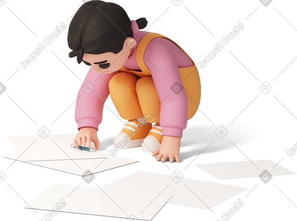 3D little girl drawing on floor PNG, SVG