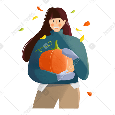 Girl with a pumpkin with autumn leaves falling Illustration in PNG, SVG