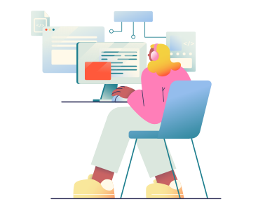 Illustration animée Femme assise au bureau et programmation aux formats GIF, Lottie (JSON) et AE