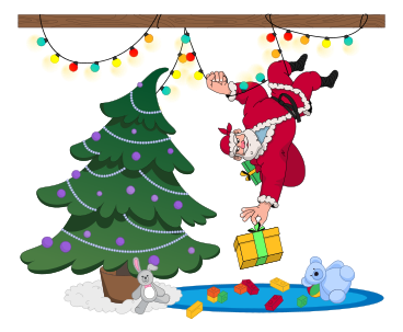 Der ninja-weihnachtsmann hängt an einer girlande mit einem geschenk, um es unter den weihnachtsbaum zu legen PNG, SVG