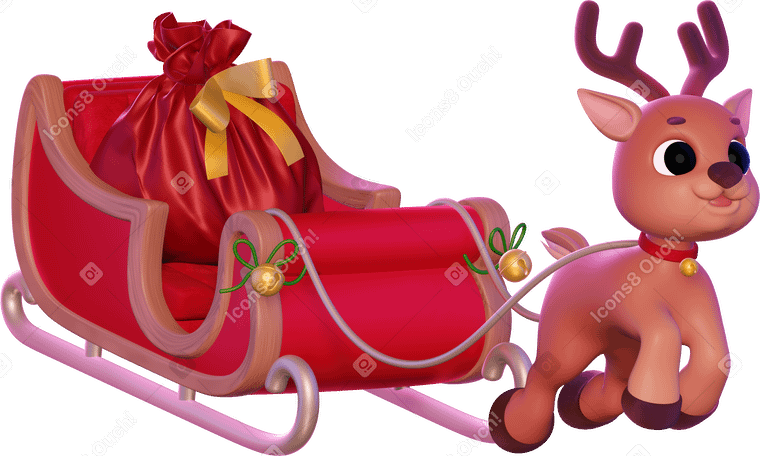 3D christmas reindeer with the sleigh PNG, SVG
