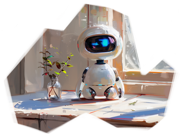 Oil painting of a robot sitting on the table PNG, SVG