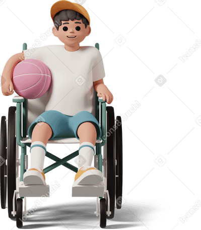 3D boy in wheelchair holding basketball ball Illustration in PNG, SVG