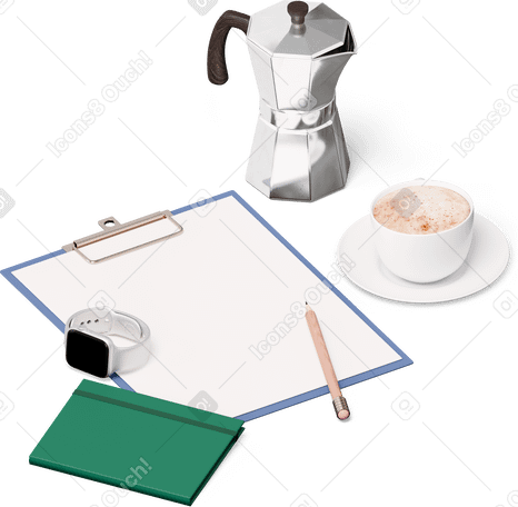 3D isometric view of clipboard, moka pot, smartwatch, pencil, cup of coffee PNG, SVG