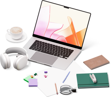 Изометрический вид ноутбука, наушников, блокнотов, духов и чашки кофе в PNG, SVG